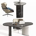 Modern Dark Marble Office Desk With Laptop Magazine And Comfortable Chair Setup