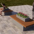 Outdoor Landscape Benches With Wooden Seats Stone Bases And Red Flower Planters