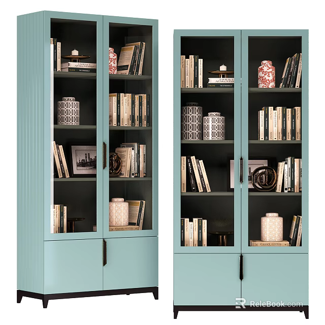 Light Blue Modern Bookshelf With Multiple Shelves Books And Decorative Items 3d model