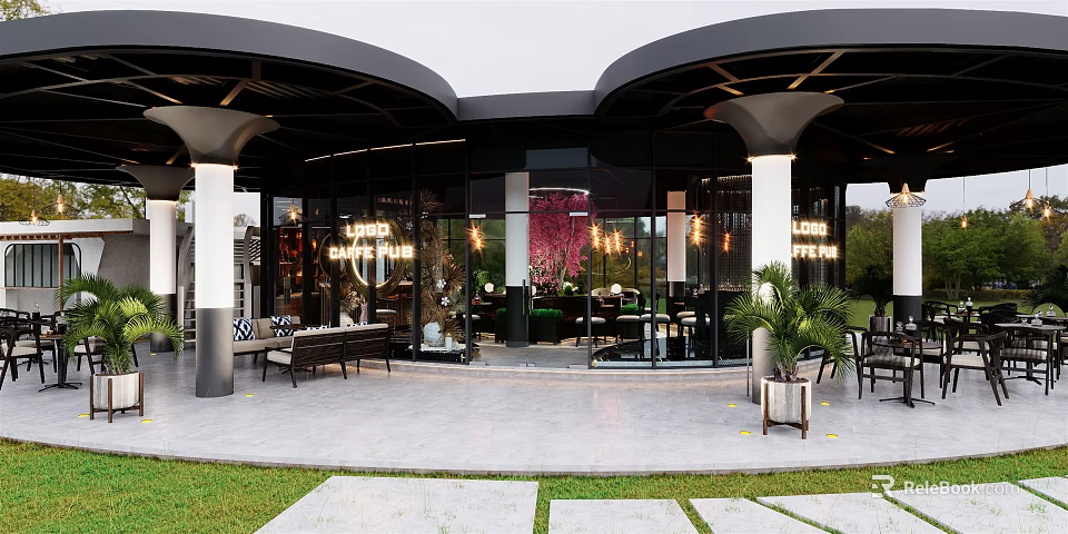 Modern Café With Curved Roof Glass Walls Outdoor Seating And Greenery Decor 3d model 