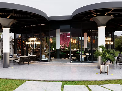 Modern Café With Curved Roof Glass Walls Outdoor Seating And Greenery Decor 3d model