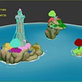 Cartoon Scene Featuring Lighthouse On Rocky Island Small Islands And Green Trees In Blue Water