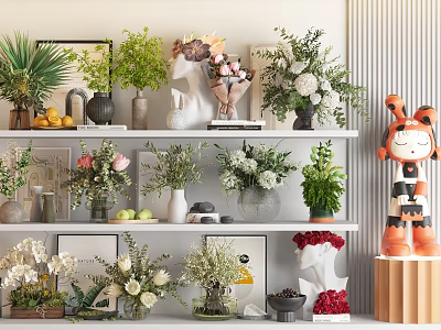 Colorful Flower Arrangements in Multiple Vases on Decorative Shelf 3d model