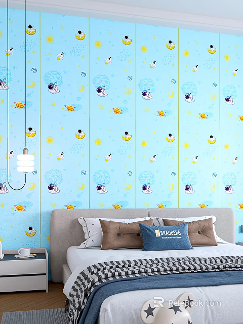 Charming Kids Room Interior With Blue Wallpaper Cartoon Rockets Moons Stars And Clouds 3d model 