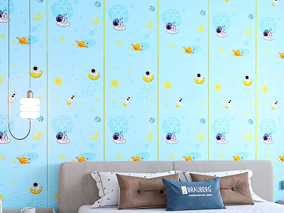Charming Kids Room Interior With Blue Wallpaper Cartoon Rockets Moons Stars And Clouds 3d model