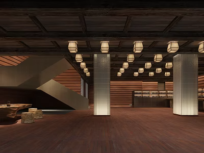 Elegant Hotel Lobby Interior With Wooden Ceiling Lantern Lights Columns And Staircase 3d model