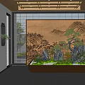 Indoor Landscape Featuring Wooden Grid Ceiling Recessed Lights Mountain Water Painting And Miniature Rockery
