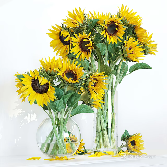 Bright Yellow Sunflowers with Green Leaves in Transparent Glass Vases for Home Decor 3d model 