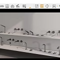 Stylish Bathroom Accessories Including Modern Faucets Displayed On White Shelves