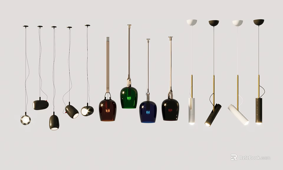 Stylish Pendant Lights With Various Designs Colorful Glass Shades And Modern Metal Frames 3d model 