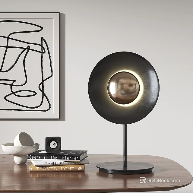 Black Round Illuminated Table Lamp On Table With Books White Bowl Clock And Abstract Art 3d model 
