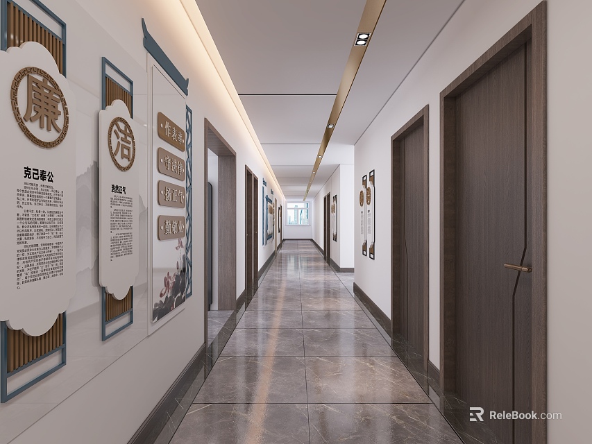 Modern Elevator Corridor With Integrity Culture Decorations Doors And Lighting 3d model 
