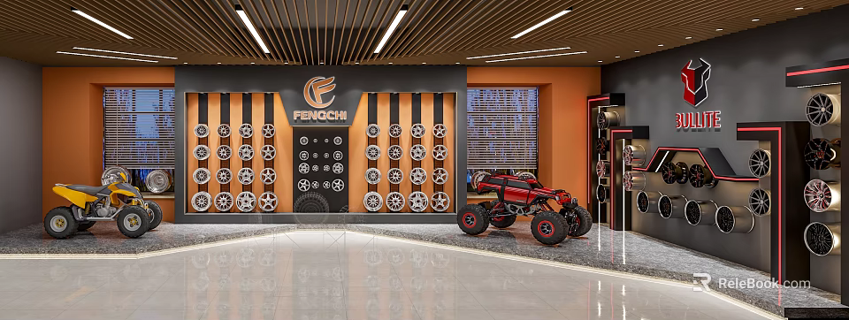 FENCHI Showroom With Gear Decorations And Red Off-Road Vehicle 3d model 