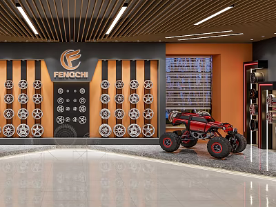 FENCHI Showroom With Gear Decorations And Red Off-Road Vehicle 3d model