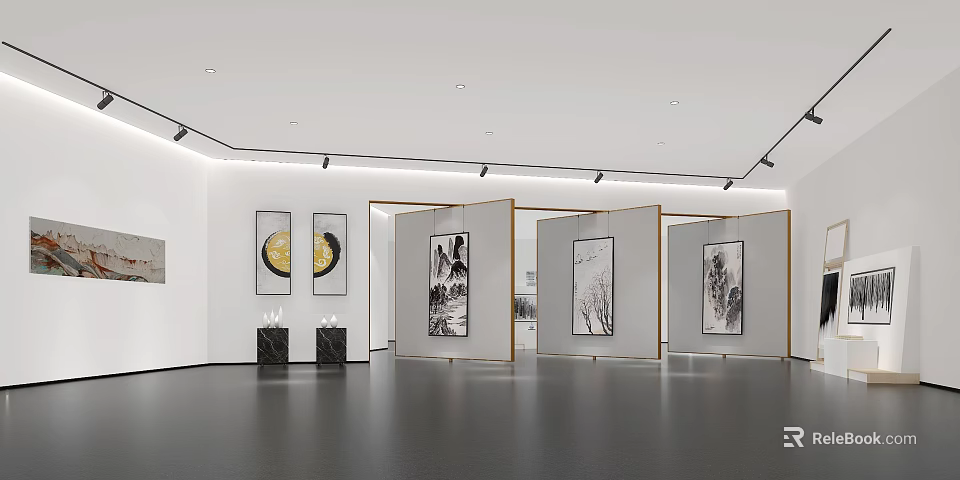 Traditional Cultural Center Interior With Art Paintings Exhibition Screens And Soft Lighting 3d model 