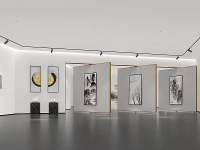 Traditional Cultural Center Interior With Art Paintings Exhibition Screens And Soft Lighting 3d model