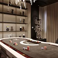 Elegant Hotel Mahjong Room with Round Table Comfortable Chairs Crystal Chandelier Decorative Shelves Cozy Sofa