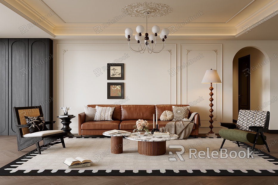 French Middle-style Living Room Sofa Coffee Table Combination Leather Sofa Casual Chair Multi-person Sofa Floor Lamp Picture Sofa Background Wall Carpet Chandelier Carved model