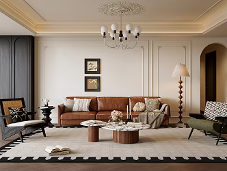 French Middle-style Living Room Sofa Coffee Table Combination Leather Sofa Casual Chair Multi-person Sofa Floor Lamp Picture Sofa Background Wall Carpet Chandelier Carved 3d model