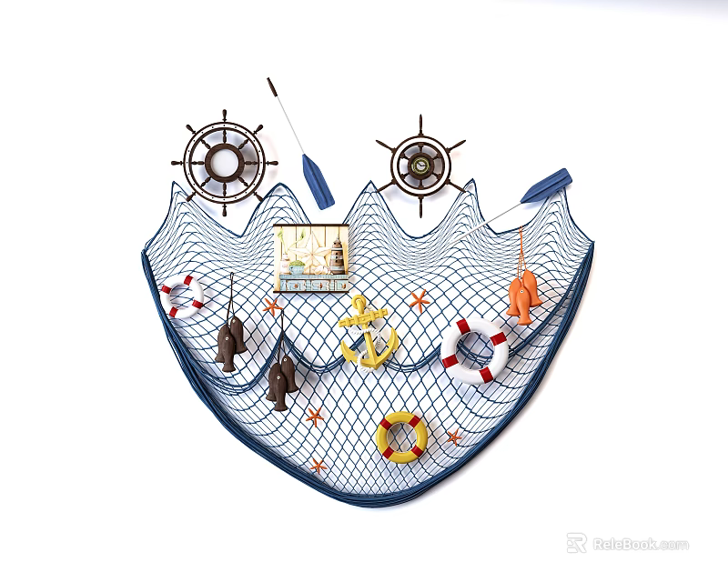 Nautical Themed Wall Decor with Ship Wheels Anchor Lifebuoy and Fishing Net Design 3d model 