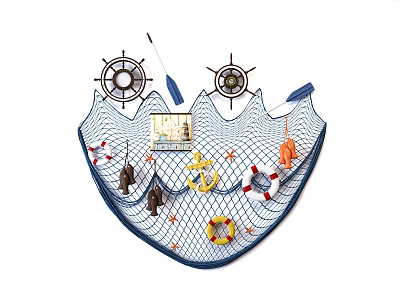Nautical Themed Wall Decor with Ship Wheels Anchor Lifebuoy and Fishing Net Design 3d model