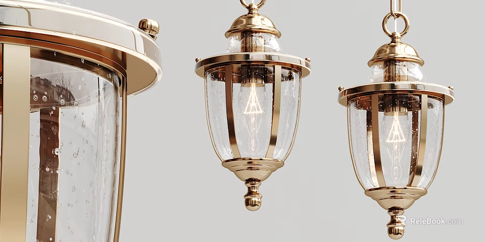 Three Elegant Vintage Golden Pendant Chandeliers With Clear Glass Shades And Metal Frames 3d model 