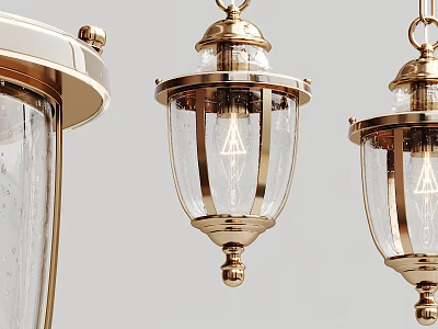 Three Elegant Vintage Golden Pendant Chandeliers With Clear Glass Shades And Metal Frames 3d model