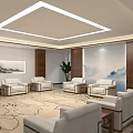 Elegant Hotel Public Lounge Interior With White Sofas Patterned Carpet And Green Plants 3d model