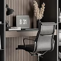 Modern Home Office Desk With Wooden Bookshelves Ergonomic Chair Table Lamp And Computer