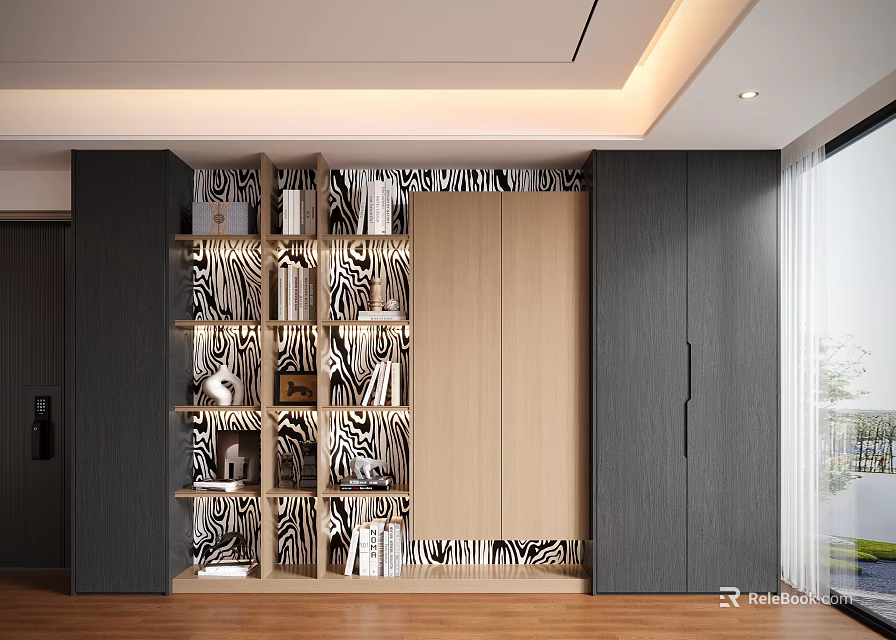 Modern Decorative Cabinet With Zebra Pattern Open Shelves Books And Decorative Items 3d model 