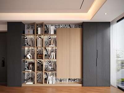 Modern Decorative Cabinet With Zebra Pattern Open Shelves Books And Decorative Items 3d model