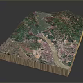 3D Landscape Model With Green Mountains Blue Water And City Below