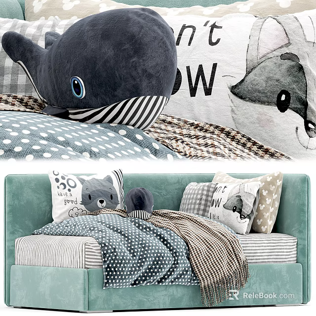 Cozy Light Green Sofa With Decorative Pillows Stuffed Whale Toy And Soft Blanket Home Decor 3d model 