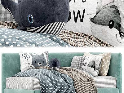 Cozy Light Green Sofa With Decorative Pillows Stuffed Whale Toy And Soft Blanket Home Decor 3d model