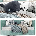 Cozy Light Green Sofa With Decorative Pillows Stuffed Whale Toy And Soft Blanket Home Decor