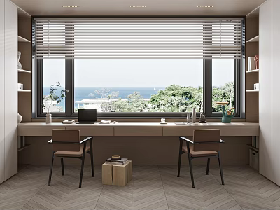 Modern Study Room Interior Design With Large Windows Sea View Green Trees And Wooden Desk 3d model