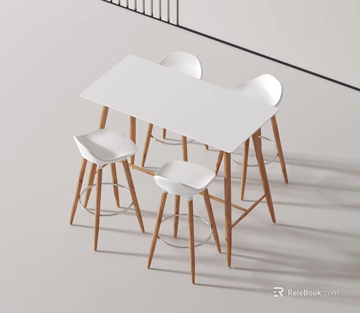 Modern Dining Table Set with White Rectangular Table and Four Wooden Leg White High Stools 3d model