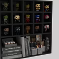 Decorative Figurine Set on Black Shelf with Collectible Figures Books Pencils and Art Supplies