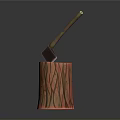 Decorative Axe Weapon With Wooden Handle And Metal Head Embedded In Stripped Red Tree Stump