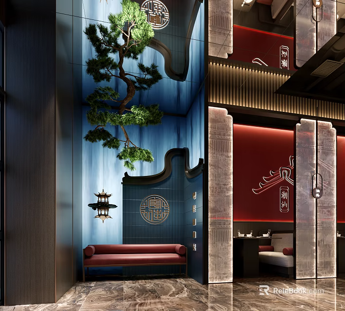 Traditional Chinese Restaurant Interior With Blue Walls Red Decor Pine Tree And Seating Area 3d model 