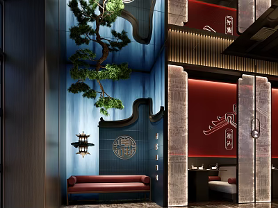 Traditional Chinese Restaurant Interior With Blue Walls Red Decor Pine Tree And Seating Area 3d model