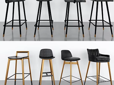 Modern Bar Stools With Different Designs Black Leather Seats And Metal Wooden Legs 3d model