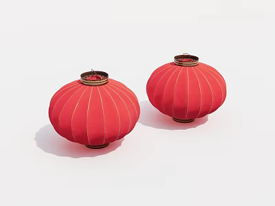 Pair of Traditional Red Chinese Lanterns with Golden Trim and Round Design 3d model