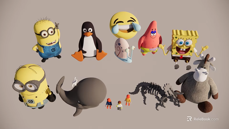 Colorful Playful Landscape Sculptures Featuring Cartoon Characters Animal Figures And Skeleton Models 3d model 