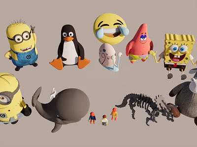 Colorful Playful Landscape Sculptures Featuring Cartoon Characters Animal Figures And Skeleton Models 3d model