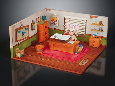 Cartoon Room Scene with Bunny at Desk Paper Globe Cabinet and Red Rug 3d model