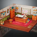 Cartoon Room Scene with Bunny at Desk Paper Globe Cabinet and Red Rug
