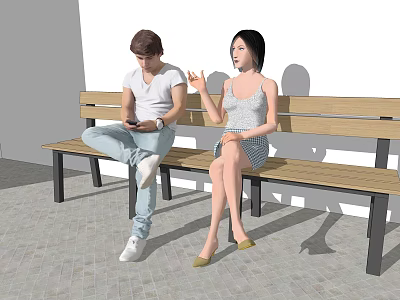 Two People Sitting On Bench Interacting Outdoor 3d model