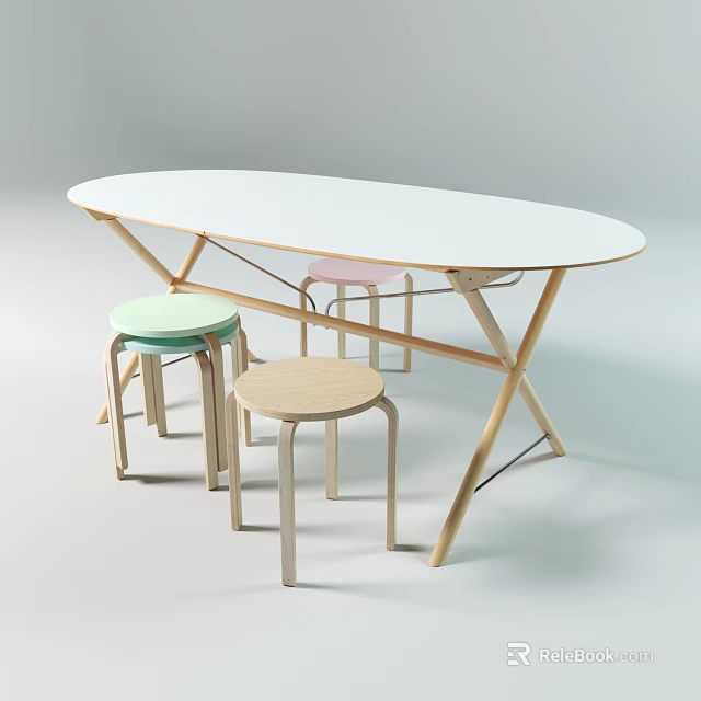 Modern Oval White Dining Table Set With Wooden Legs And Three Pastel Stools 3d model 