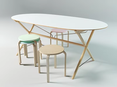Modern Oval White Dining Table Set With Wooden Legs And Three Pastel Stools 3d model